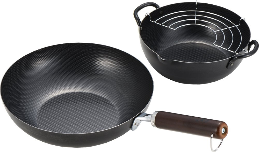 Yoshikawa Gogi YJ2068 Wooden Handle Pot, 10.2 inches (26 cm) & Tempura Pot, 7.9 inches (20 cm), Black, 2-Piece Set