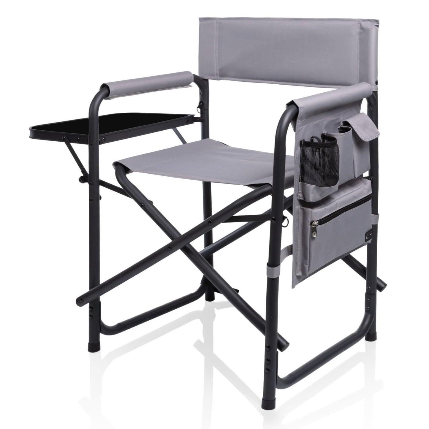 Picnic TIME Sports Chair with Side Table and Armrest Caddy, Lightweight Aluminum Folding Outdoor Camping Chair for Adults, Portable Director Style Lawn Seating with Pockets & Carry Strap, (Gray)