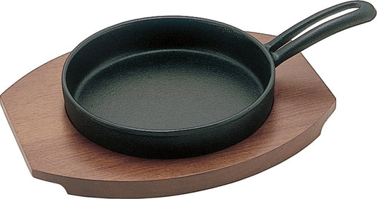 Ikenaga Tekko PMN02 Frying Pan, Steak Plate, Made in Japan, Cast Iron, Induction Compatible, Natural Wood, Approx. Main Body: φ5.9 inches (15 mm) (including handle: φ9.3 x H1.8 inches (23.5 x 4.5 cm), Wood Base: 8.7 x 7.1 x 0.6 inches
