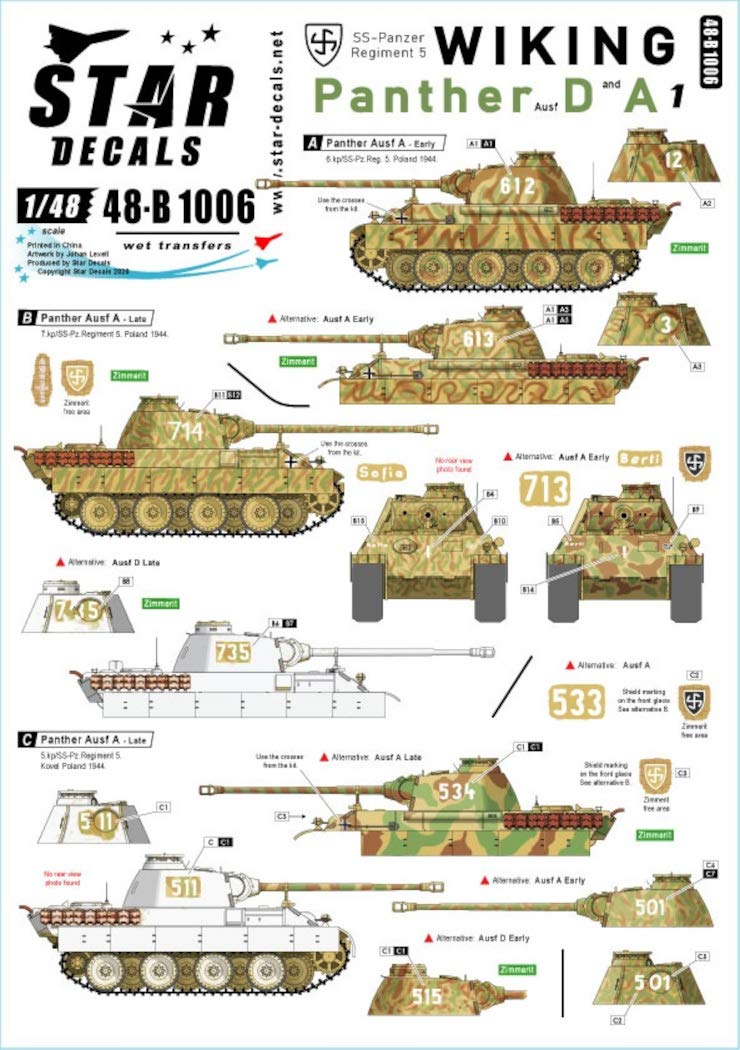 Star Decals 1/48 German Varking Division 1 SS 5th Armored Division Panther D/A Type 1944 Plastic Model Decal SD48-B1006