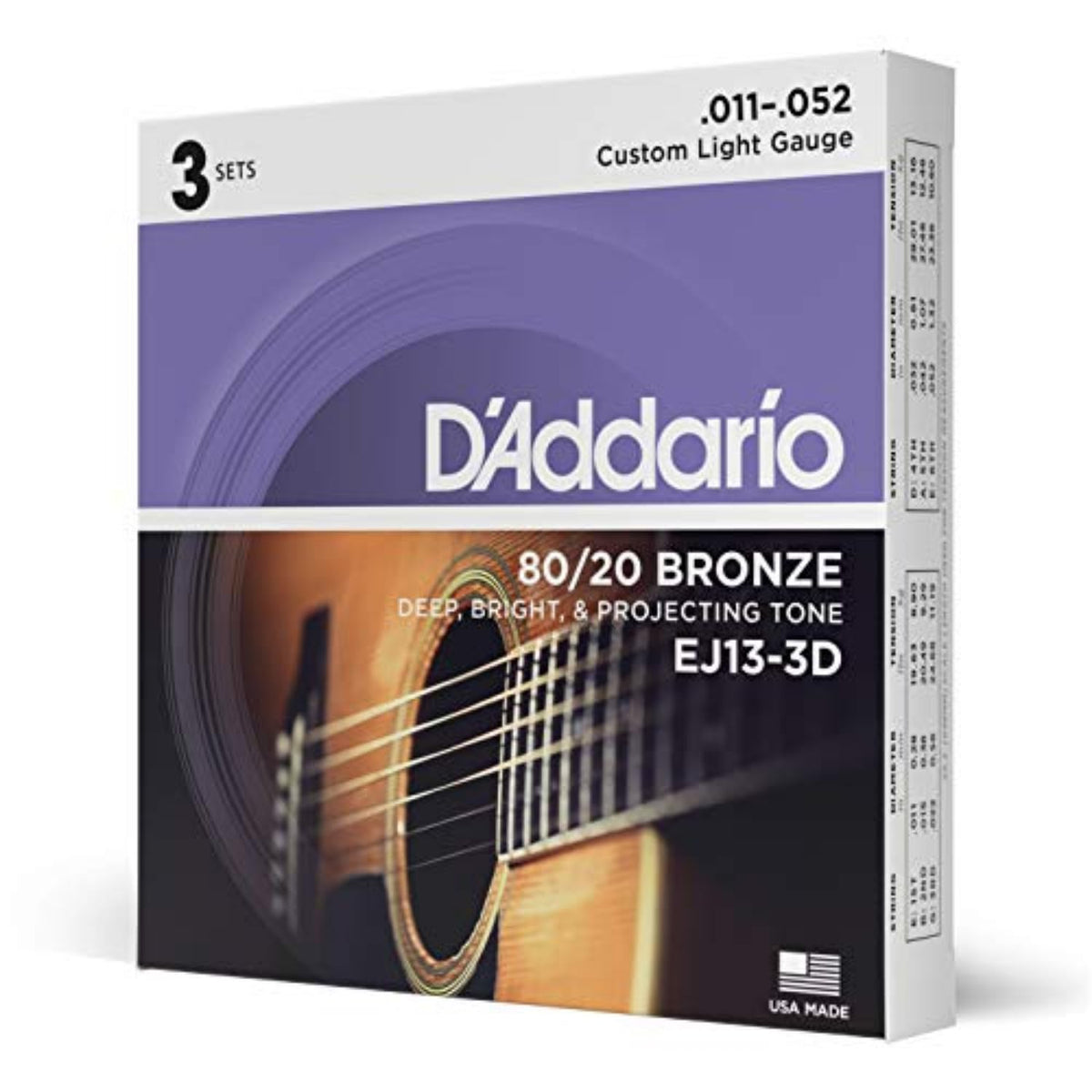 D'Addario Acoustic Guitar Strings, 80/20 Bronze, EJ13-3D, Custom Light Gauge 11-52, 6-String Set, Pack of 3
