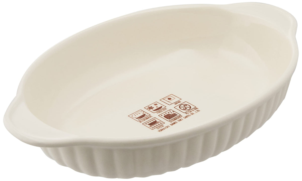 Banko Ware 13056 Oven-safe, Semi-Porcelain, Oval Au Gratin Plate, Diameter 8.3 inches (21 cm), Vertical Bar, Tableware, Ceramic, Microwave, Made in Japan