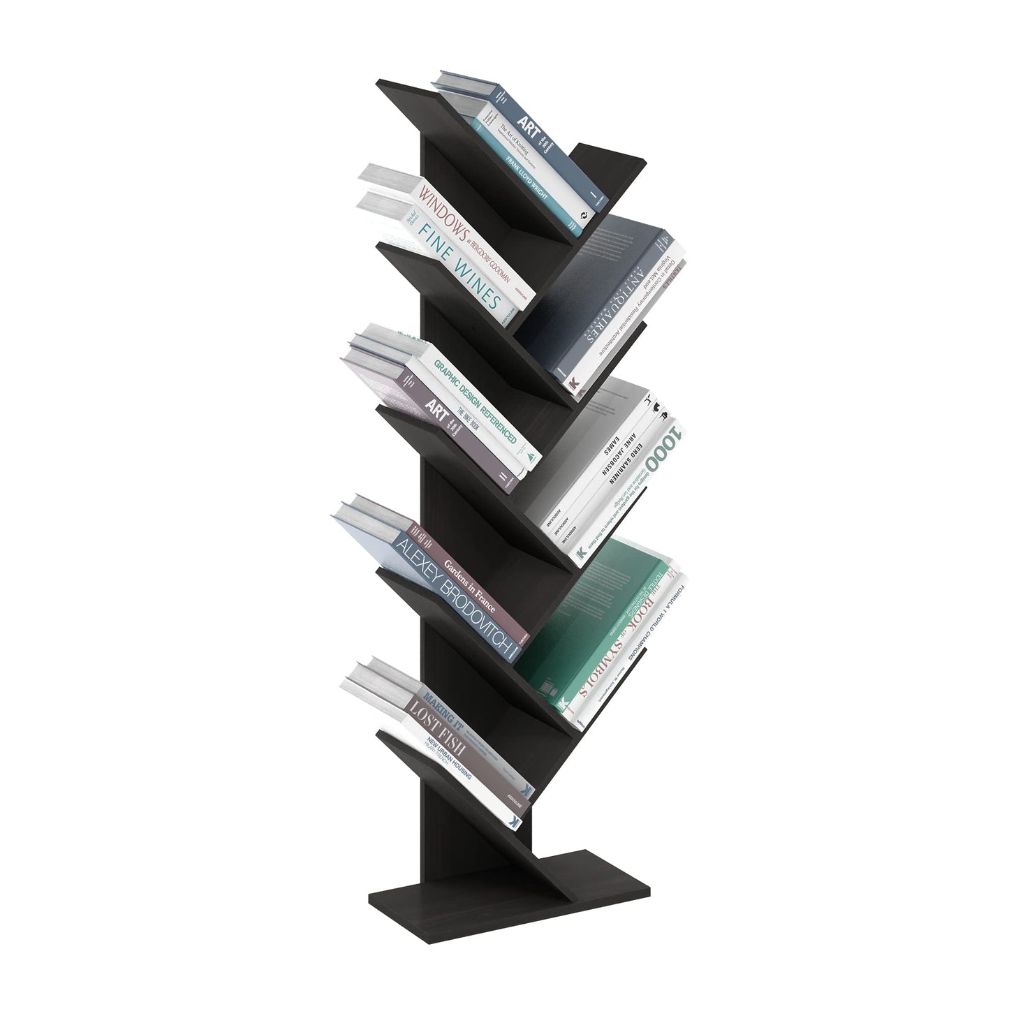 Furinno TREE Book Shelf, 9-Tier Bookshelf, Tree Bookcase with Angled Open Shelf, 8.4 x 15.7 x 50.9, Corner Shelf for Room Decor, for Living Room, Bedroom, Home Office, Espresso