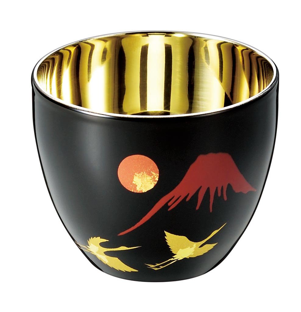 Asahi Double-layered extra-large sake cup (cup and coaster set) [Lacquer-coated product(gold decoration)] comes in a paulownia wood box