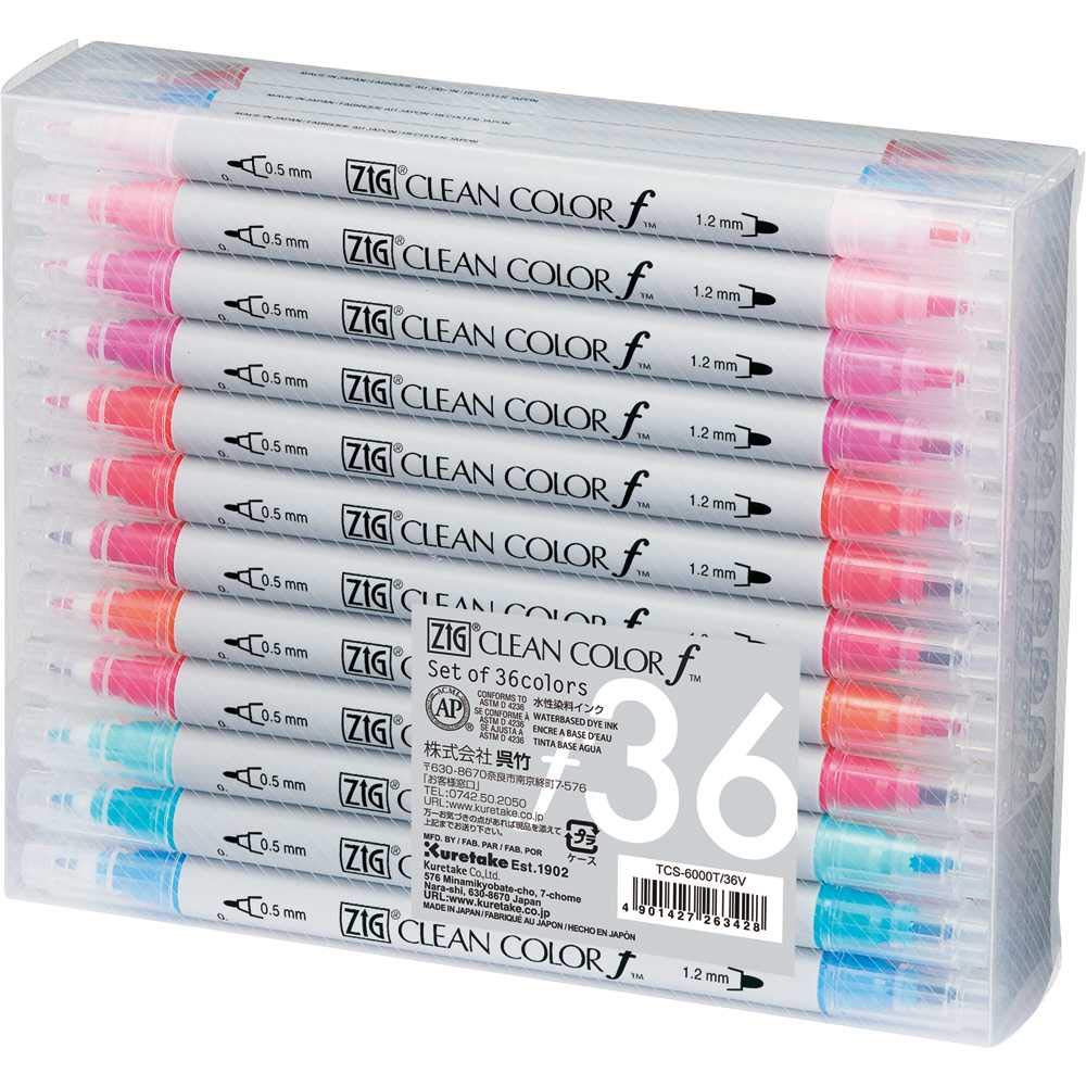 Kuretake ZIG CLEAN COLOR f 36 colors set, 0.5 mm & 1.2 mm, AP-Certified, Odourless, Xylene Free, Suitable for dark paper, Perfect for illustrating, sketching, designing and cartooning. Made in Japan