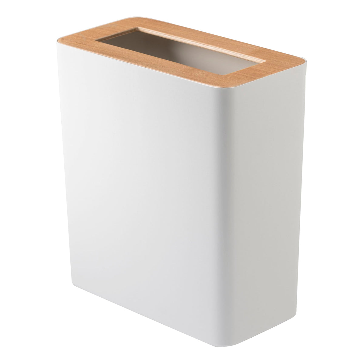 YAMAZAKI Home Rin Trash Can - Small Modern Home Wastebasket for Bathroom Kitchen Office - Rectangle - Steel + Wood