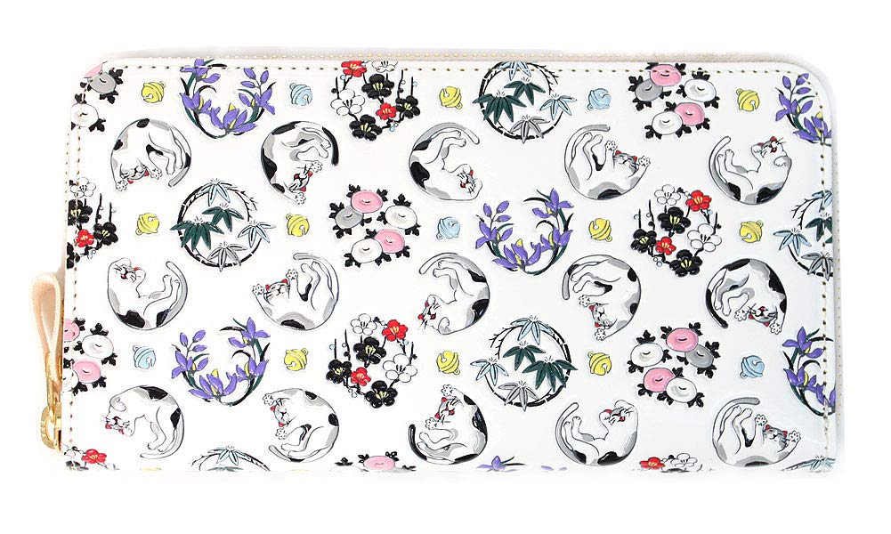 [Asakusa Bunko] Yuzen Dyed Long Wallet Cat Cat Shikko Pattern Wallet Siff Round Zipper Bunko Leather - black -