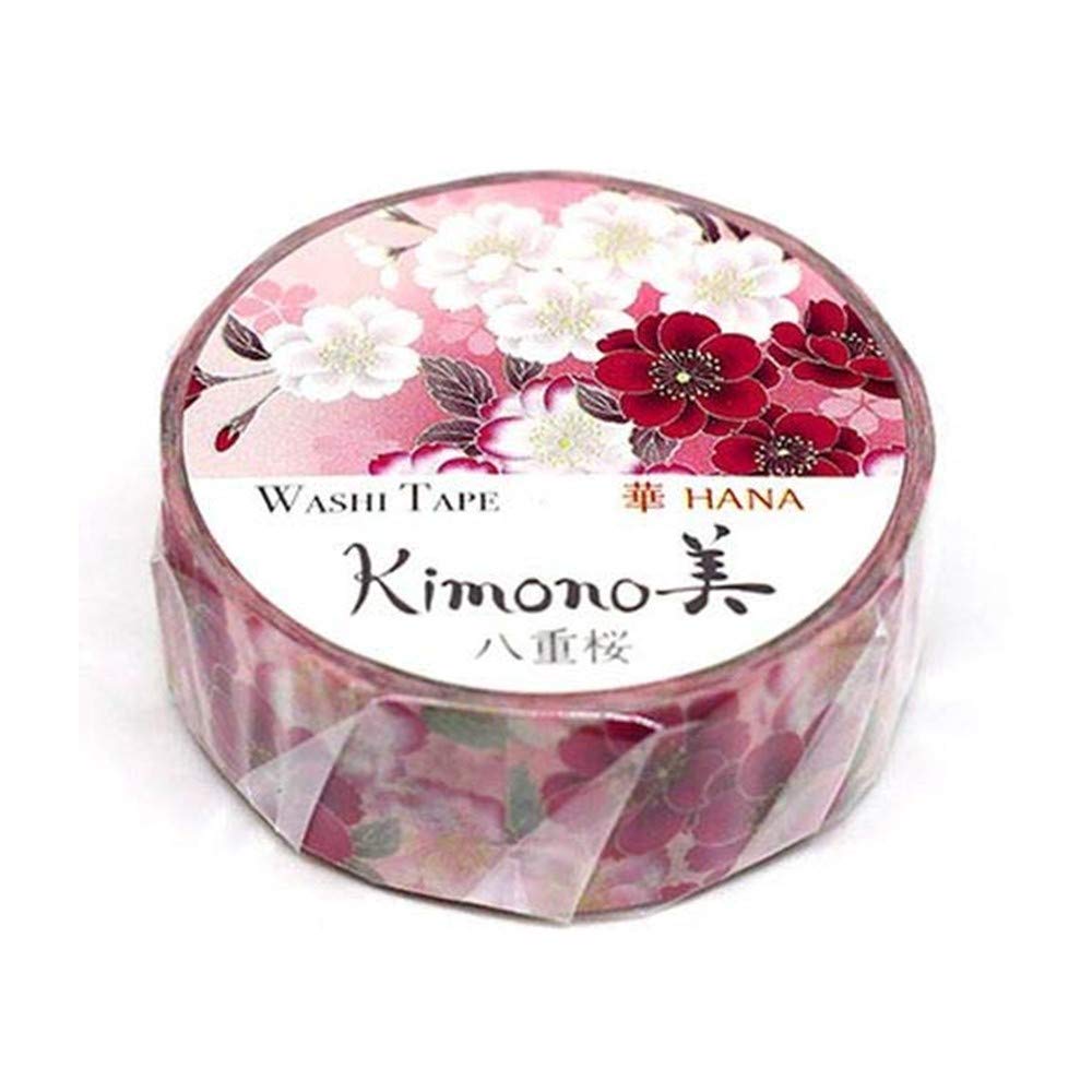 Kamiiso Kimono Washi Masking Tape (15mm) - Double Cherry Blossoms - for Scrapbooking Art Craft DIY Photo Album Decoration