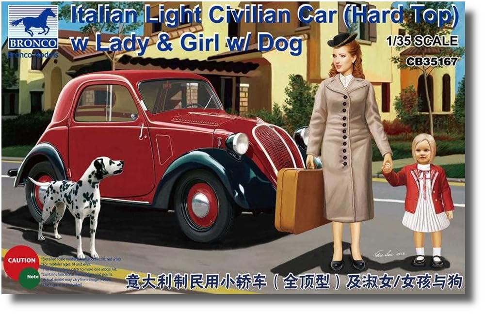 Bronco Model CB35167 Fiat 500 Topolino Passenger Car Hardtop with Female Girl Dog Figures Plastic Model