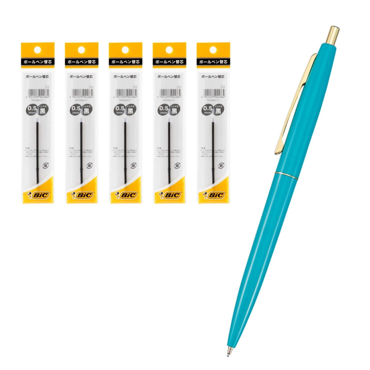 Bic Japan CLG05-TGRRF5 Ballpoint Pen, Click Gold, 0.5, Oil-based, Black, Smooth, Teal Green Axis, Refill, Set of 5