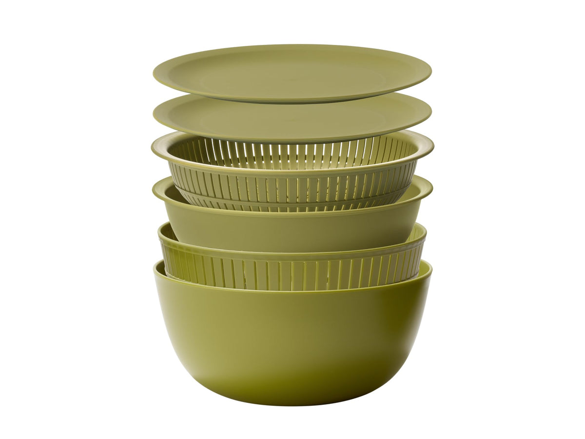 Like-it | Colander & Bowl full set of 6 | 6 Global Design Awarded | Washing rice, Draining noodles and pasta | 8.94" x 8.94" x 4.09" | Deep & Shallow Colander & Bowl, 2 Plate set | BPA free | Green |