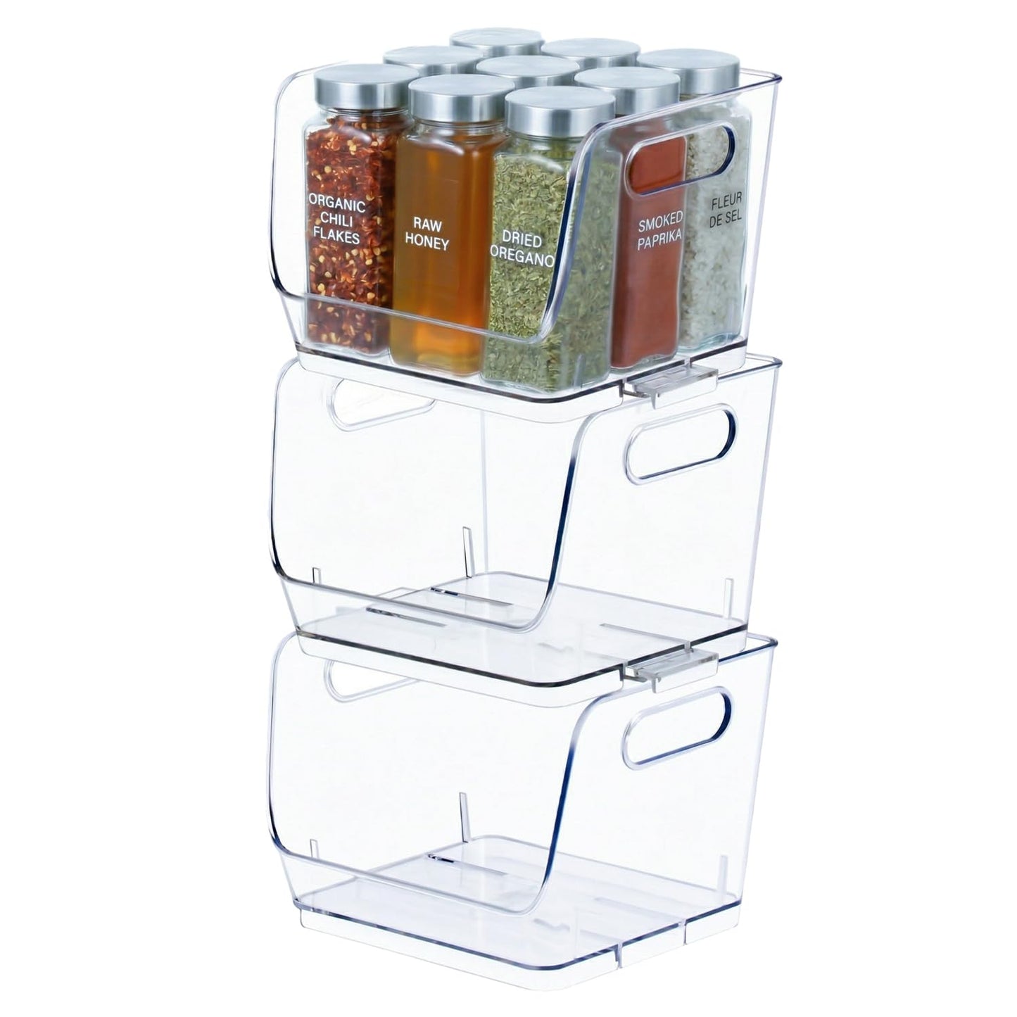Basicwise Set of 3 Open-Front 7-Inch Clear Storage Bins with Easy-Grip Handles Stackable Transparent Plastic Organizer Containers for Pantry Cabinet Refrigerator Drawers Closets and Shelves, Small