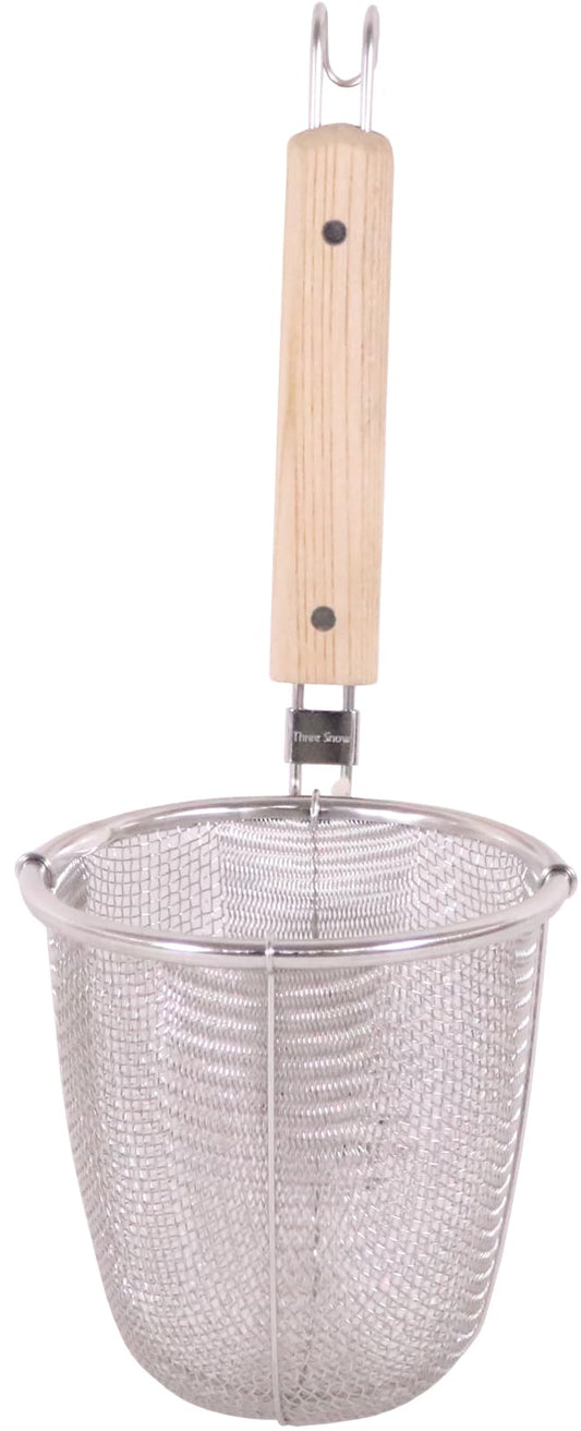 Three Snow Shin-Etsu Works 10121 Three Snow Wooden Handle Bowl, Round Bottom, 18-8 Stainless Steel Ramen Strainer, Strainer, Tsubamesanjo, Made in Japan