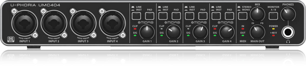 Behringer U-PHORIA UMC404HD 4x4 USB Audio Interface, 24-Bit/192kHz, with 4 Midas Mic Preamps