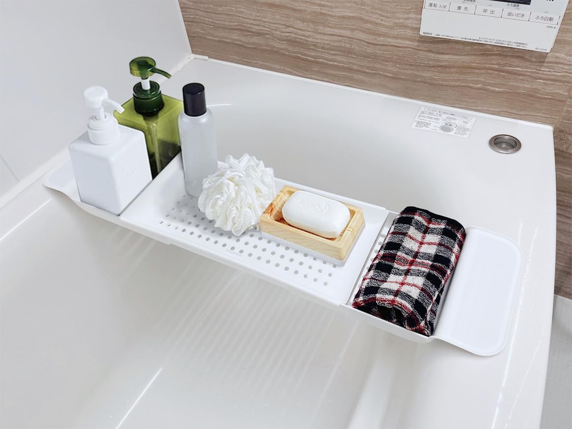 (Amazon.co.jp Exclusive) Telescopic Bathtub Tray, 21.7-30.7 inches (55-78 cm), Bathroom Rack, Bath Table, Anti-Slip, Drainer, Bath Rack with Smartphone Stand