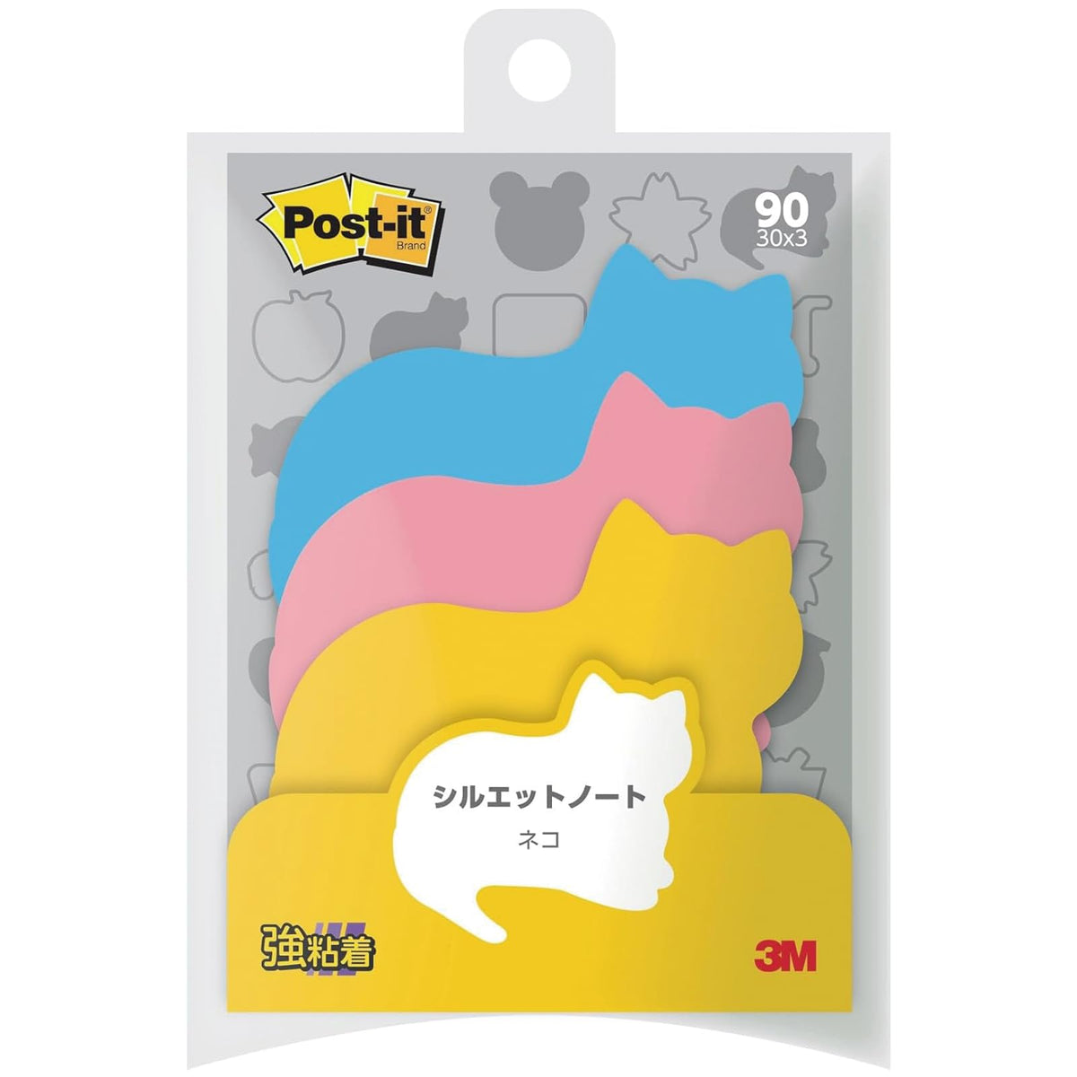 3M SSS-NER Post-it Strong Adhesive Sticky Notes Silhouette Design Cat 2.0 x 2.7 inches (52 x 69 mm), 30 Sheets x 3 Pads
