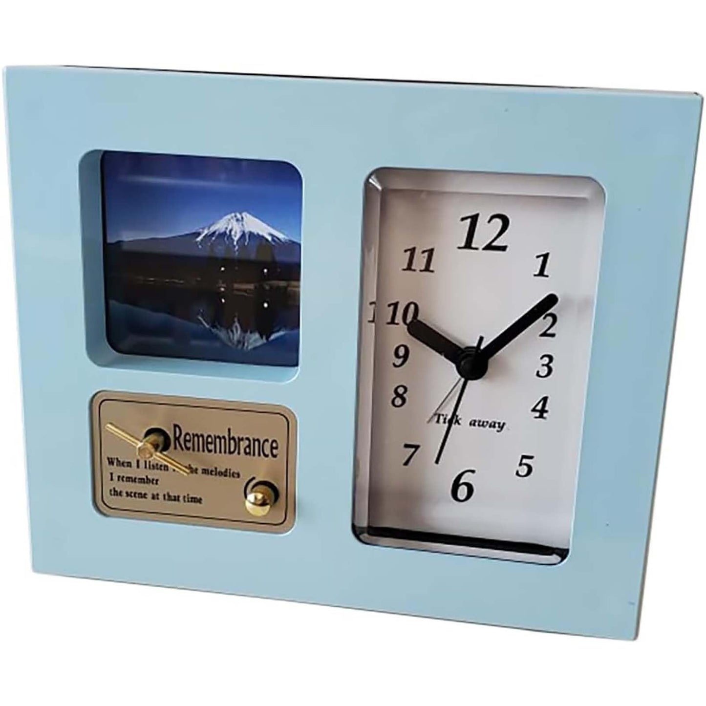 Ikeda 23002 Photo Frame Sound Alarm Q Music Box with Analog Clock Approx. 2.4 x 6.5 x 5.3 inches (6 x 16.4 x 13.5 cm), Made in Japan, Light Blue