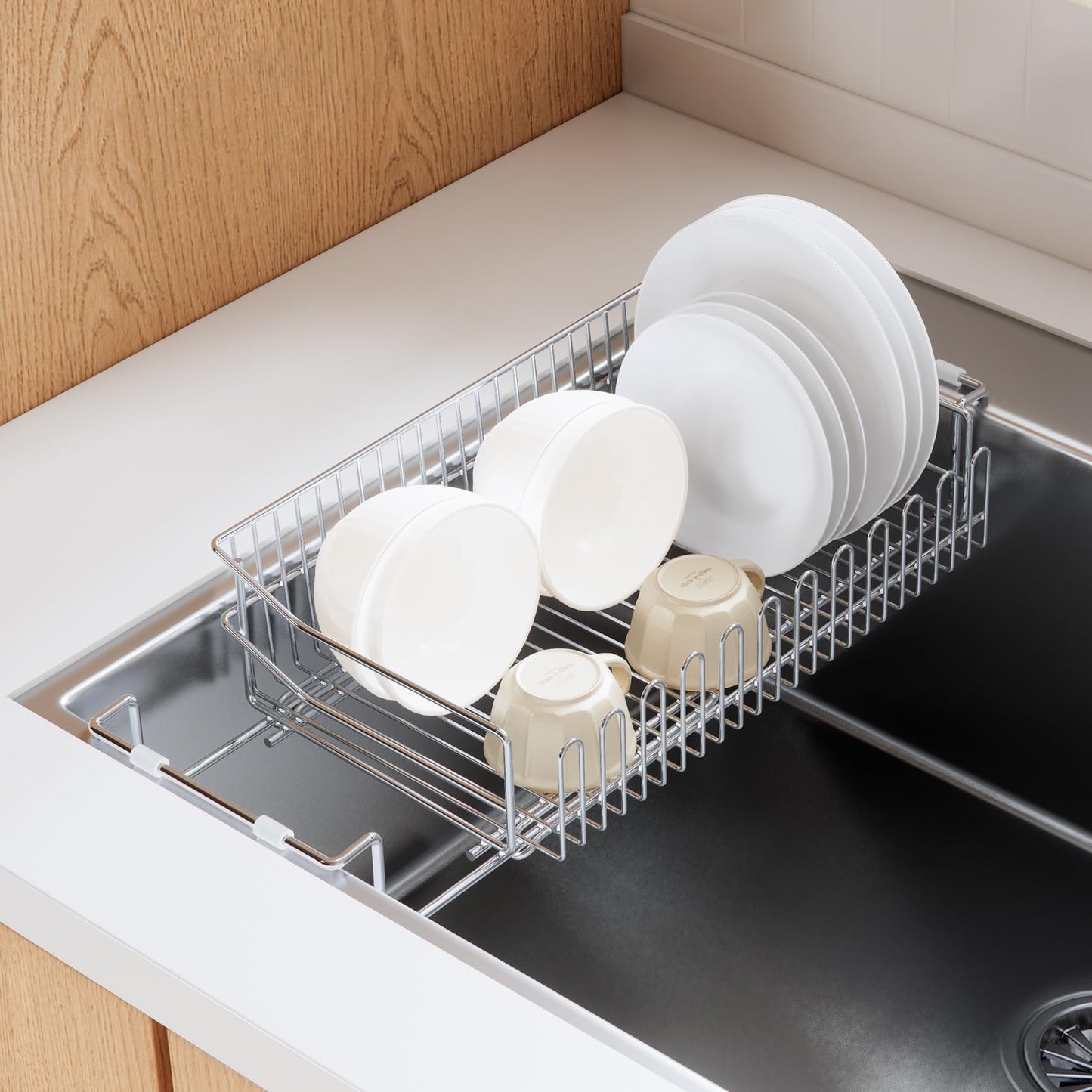 FRSTONE Extendable Stainless Steel Dish Drying Rack, Width 15.2-20.3 inches (38.5-51.5 cm), Large Capacity, Kitchen Storage, Draining Wire Basket, Sliding, Kitchen Rack, Dish Stand, Automatic