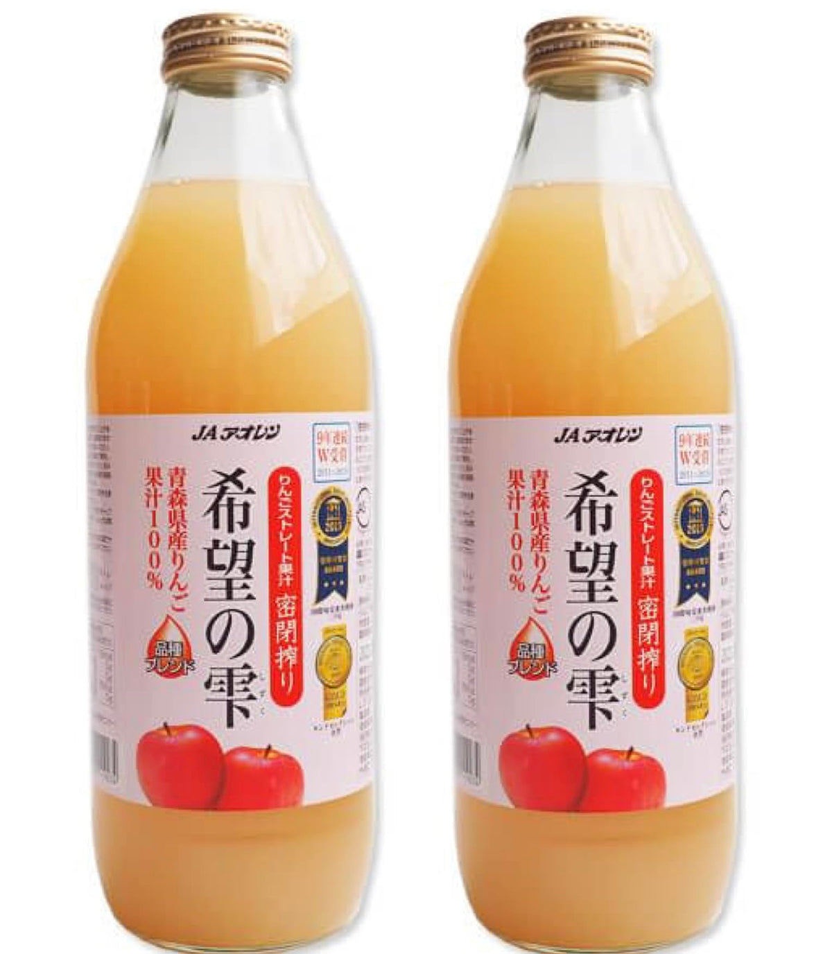 100% Japanese Apple Straight Juice 1000ml (Pack of 2 Glass Bottles), JA Aoren Aomori Shizuku of Hope, No Sugar Added, No Preservatives, Apple Juice from Aomori Prefecture, MADE IN JAPAN