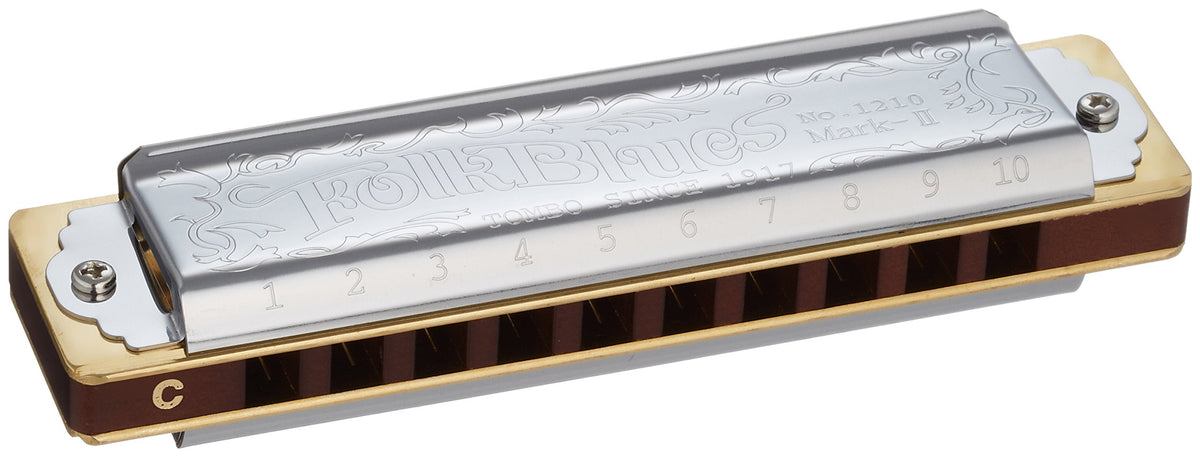 Tombo 1210C Mundharmonika Folk Blues MKII, Major Diatonic, 10 Kanzellen, C-Dur,Silver