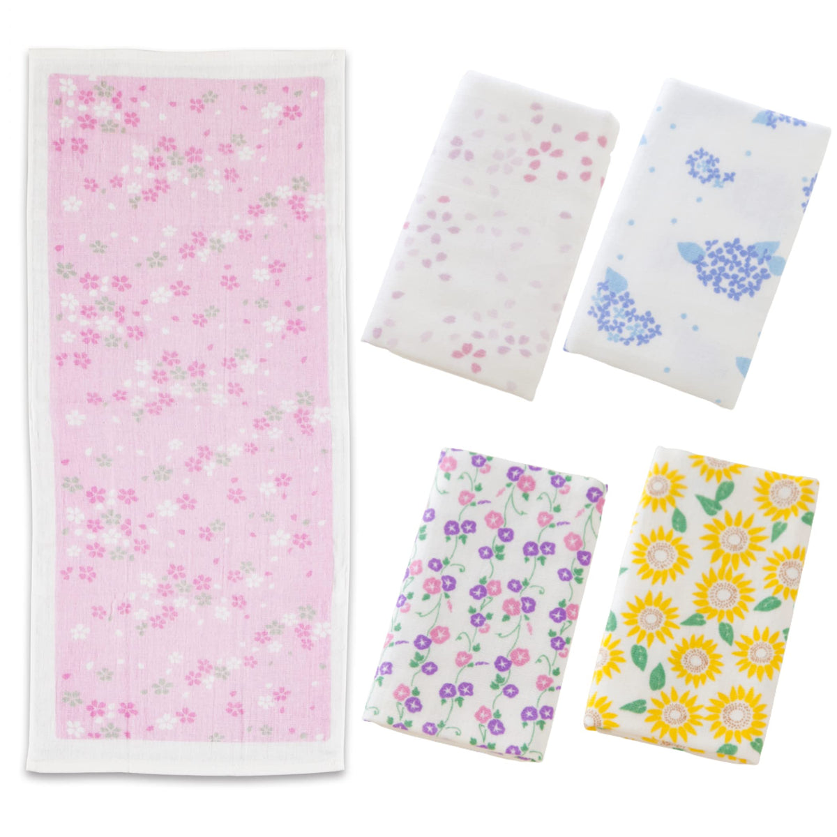 NOREN Japanese Cotton Towel Senshu (Osaka) Towel/Hand Towel/Japanese Flower - 5 Type Set/Made in Japan, 100% Cotton, Quick Drying, Absorbent, Ultra Soft, Thin, Traditional Japanese Pattern