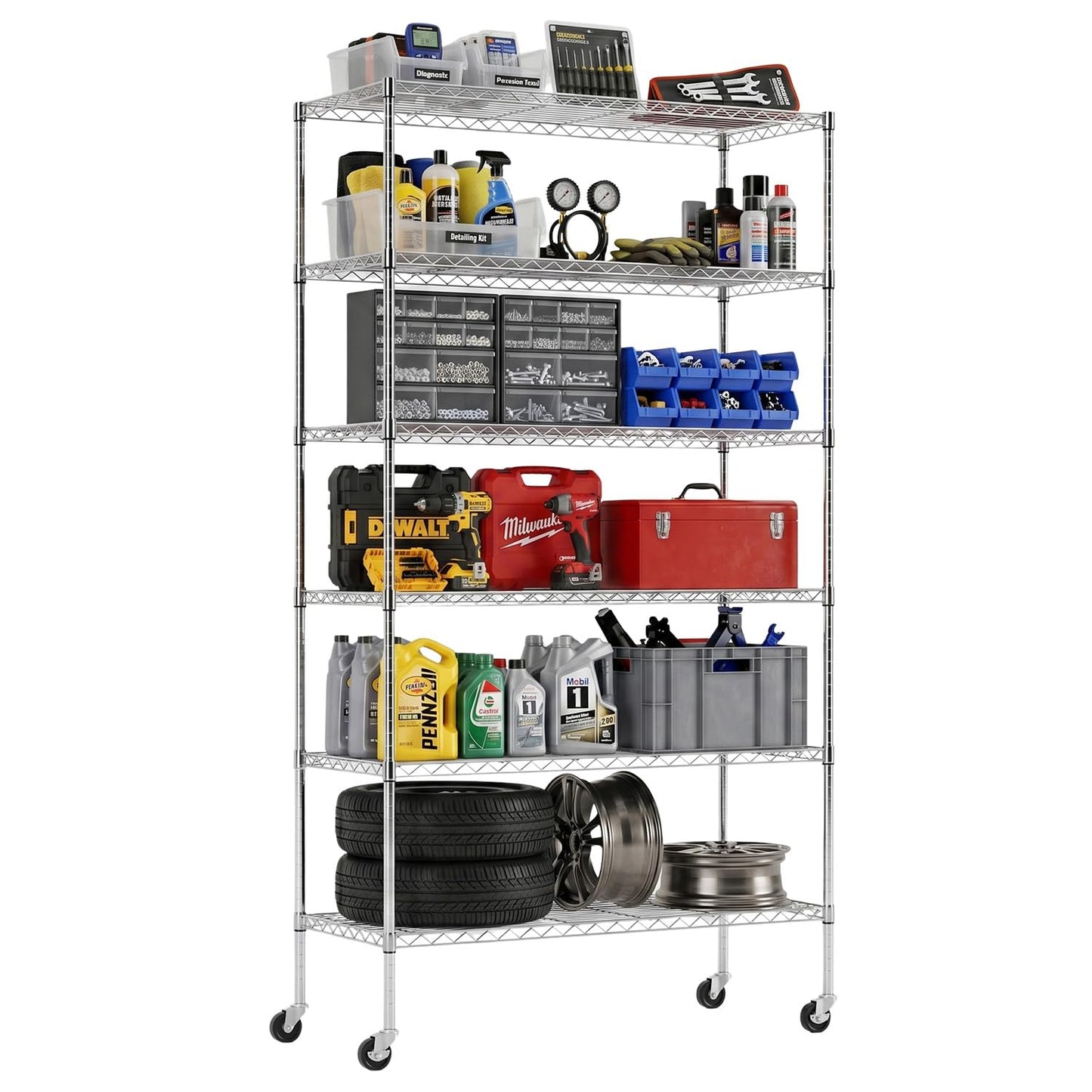 BestOffice Commercial Wire Shelving Unit Metal Shelf Casters Adjustable Layer Rack Strong Steel for Restaurant Garage Pantry Kitchen Garage (45×18×82, Chrome)