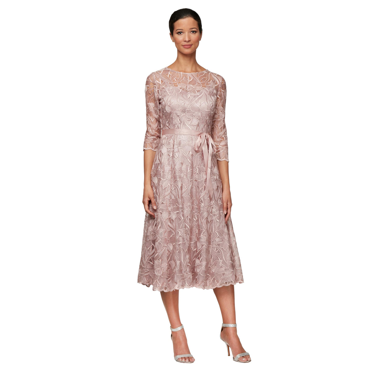 Alex Evenings Women's Tea Length Embroidered Cocktail Dress with Illusion Sleeves, Wedding Guest (Petite and Regular Sizes), Rose, 18