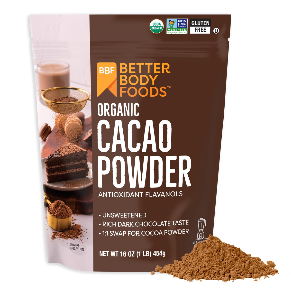 BetterBody Foods Organic Cacao Powder, Rich Chocolate Flavor, Non-GMO, Gluten-Free, Cocoa, 16 ounce, 1 lb bag