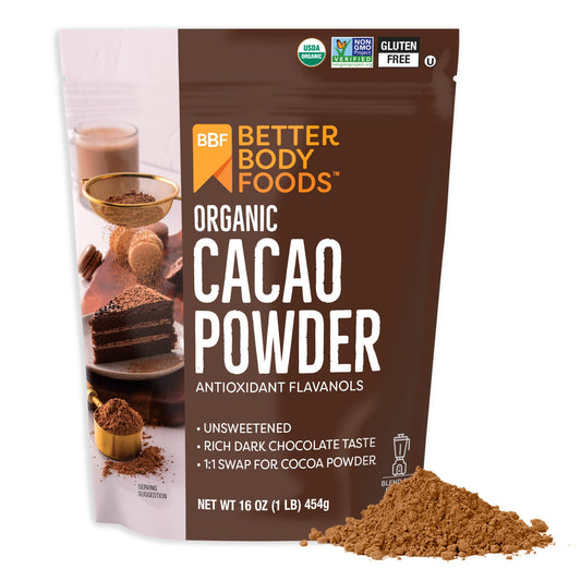 BetterBody Foods Organic Cacao Powder, Rich Chocolate Flavor, Non-GMO, Gluten-Free, Cocoa, 16 ounce, 1 lb bag