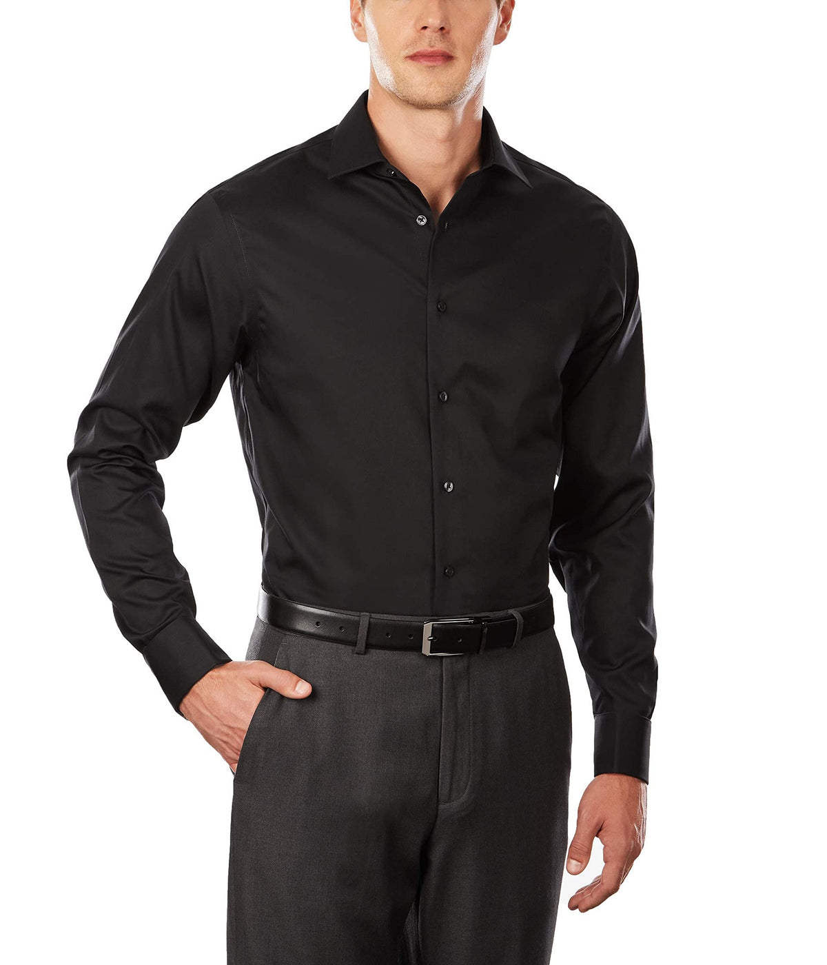 Calvin Klein Men's Non Iron Regular Fit Herringbone French Cuff Dress Shirt, Black, 16.5" Neck 34"-35" Sleeve