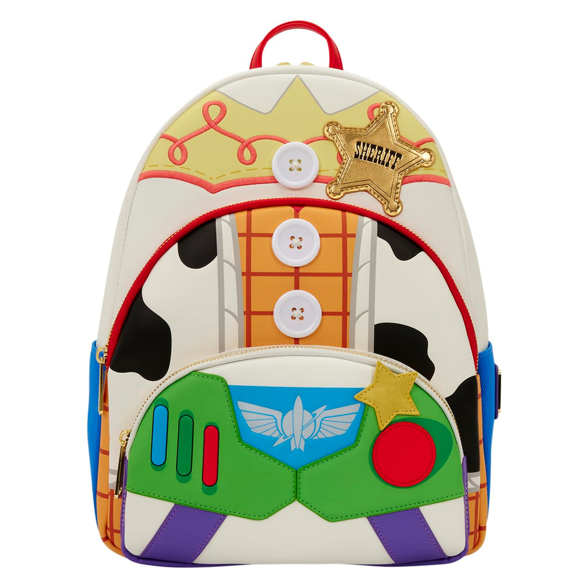 Loungefly Disney: Pixar - Toy Story 5 - to Infinity and Beyond - Woody, Jessie and Buzz Lightyear - Printed Denim Trim Triple Pocket Mid-Size Backpack – Gift for Kids & Adults – Collectible Bags