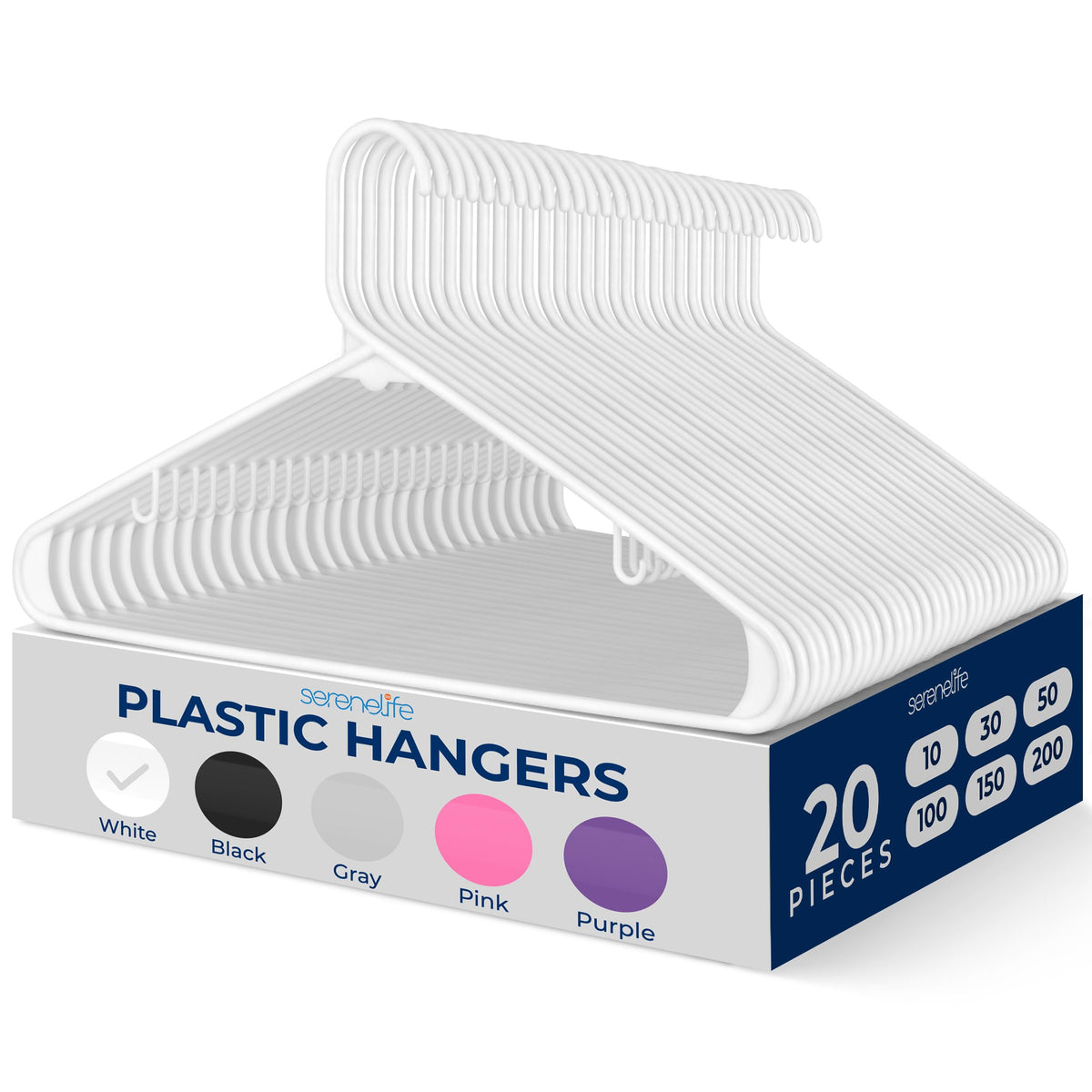 SereneLife Premium 20 Pack Plastic Hangers, Lightweight, Durable, Space Saving Clothes Organizers, Suitable for Shirts, Sweaters, Hoodies, Dresses, Kids Clothes, Good for Home Organization (White)