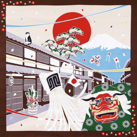 Sudopo JSDINCN Kyoto Traditional Furoshiki (Japanese Wrapping Cloth) with a Cat Tama in New Year's Day Maeda Senko 88585