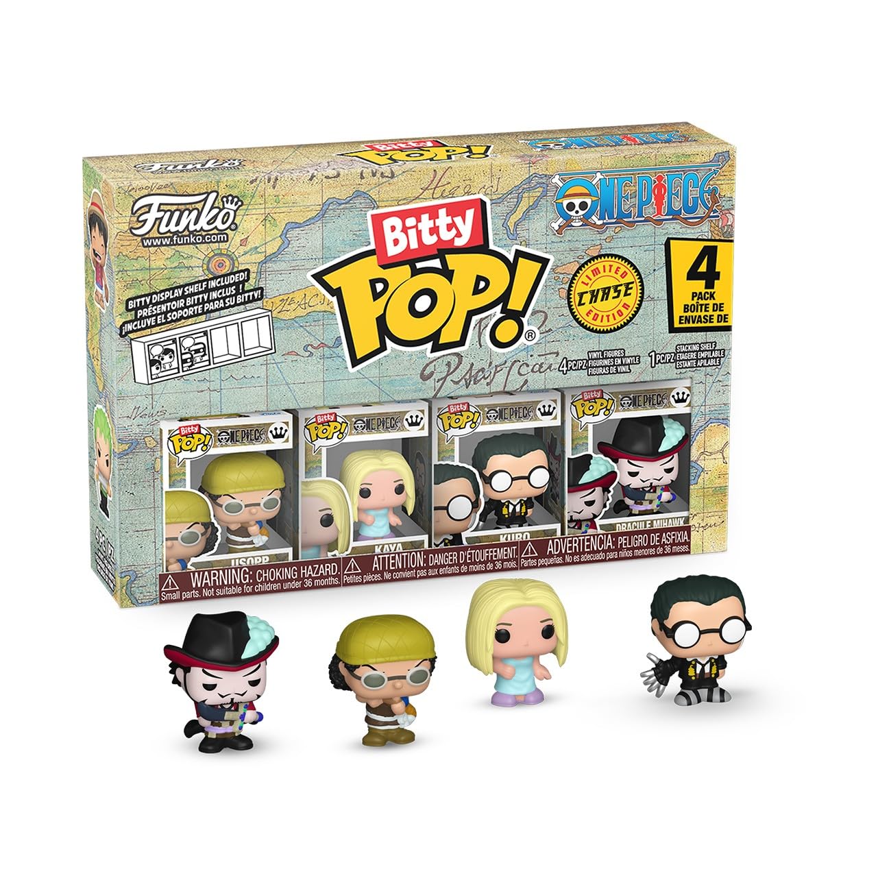 Funko Bitty Pop! One Piece - Usopp, Kaya, Kuro, and A Surprise Mystery Mini Figure - 0.9 Inch (2.2 Cm) Collectable - Stackable Display Shelf Included - Gift Idea - Party Bags Stocking - Cake Topper