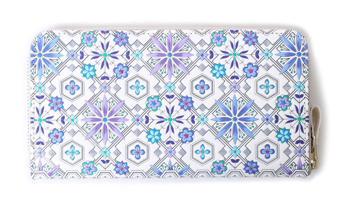 [浅草 Bunko Leather] 友禅染 Long Wallet 花菱 Hannah bisi Pattern 江戸, Wallet Purse Round Zipper raundozippu - blue -