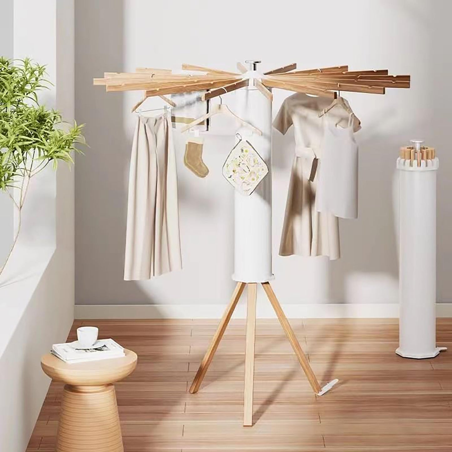 Folding Clothesline Stand, Compact, Parasol Type, Stylish, Indoor, Veranda, Clothes Drying Rack, Hanger, Stainless Steel, Space-Saving, Clothesline, Rotary, Convenient, Stylish, Scandinavian, Easy