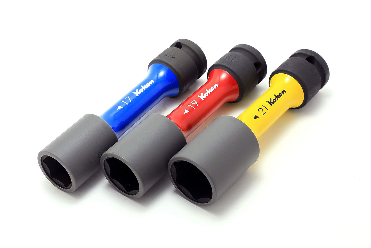 Ko-ken 14201M 1/2 Sq. Dr. Wheel Nut Socket 3 piece Set, 17-21mm, 6 point Thin Wall and Color Coded by Size