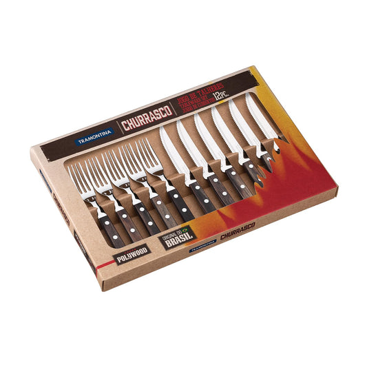 Tramontina Polywood Heavy Duty Natural Wood Handle Steak Knives 8.3" & Table Fork 19cm Set of 8 Dishwasher Safe 3 Heat Treated Knives Dark Brown Boxed Dishwasher Safe Shock Resistant Lightweight Made in Brazil 29899/296 TRAMONTINA