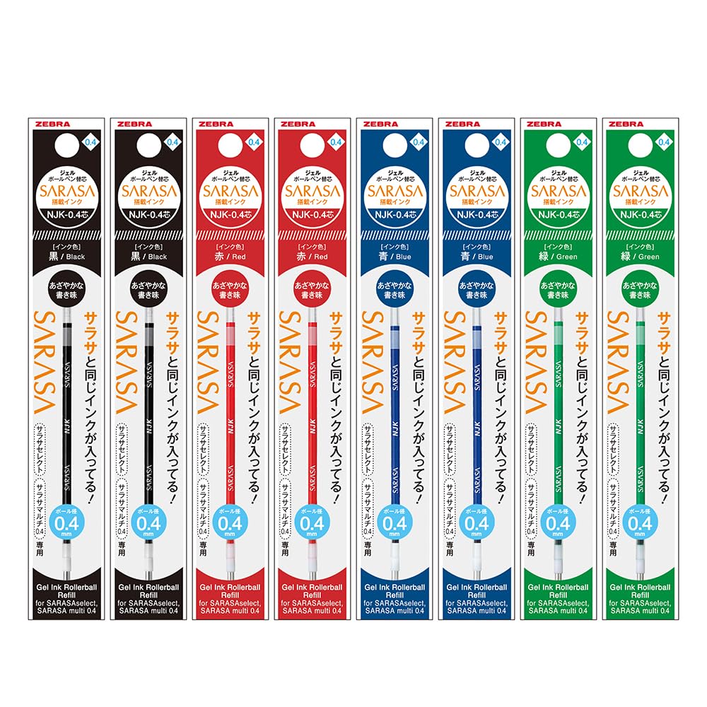 Zebra Ballpoint Pen Refill, NJK-0.4 Lead, Sarasa Multi, Sarasa Select, Preferred Compatible, Black, Red, Teal, Set of 8 RNJK4-BKRBLG-8AZ