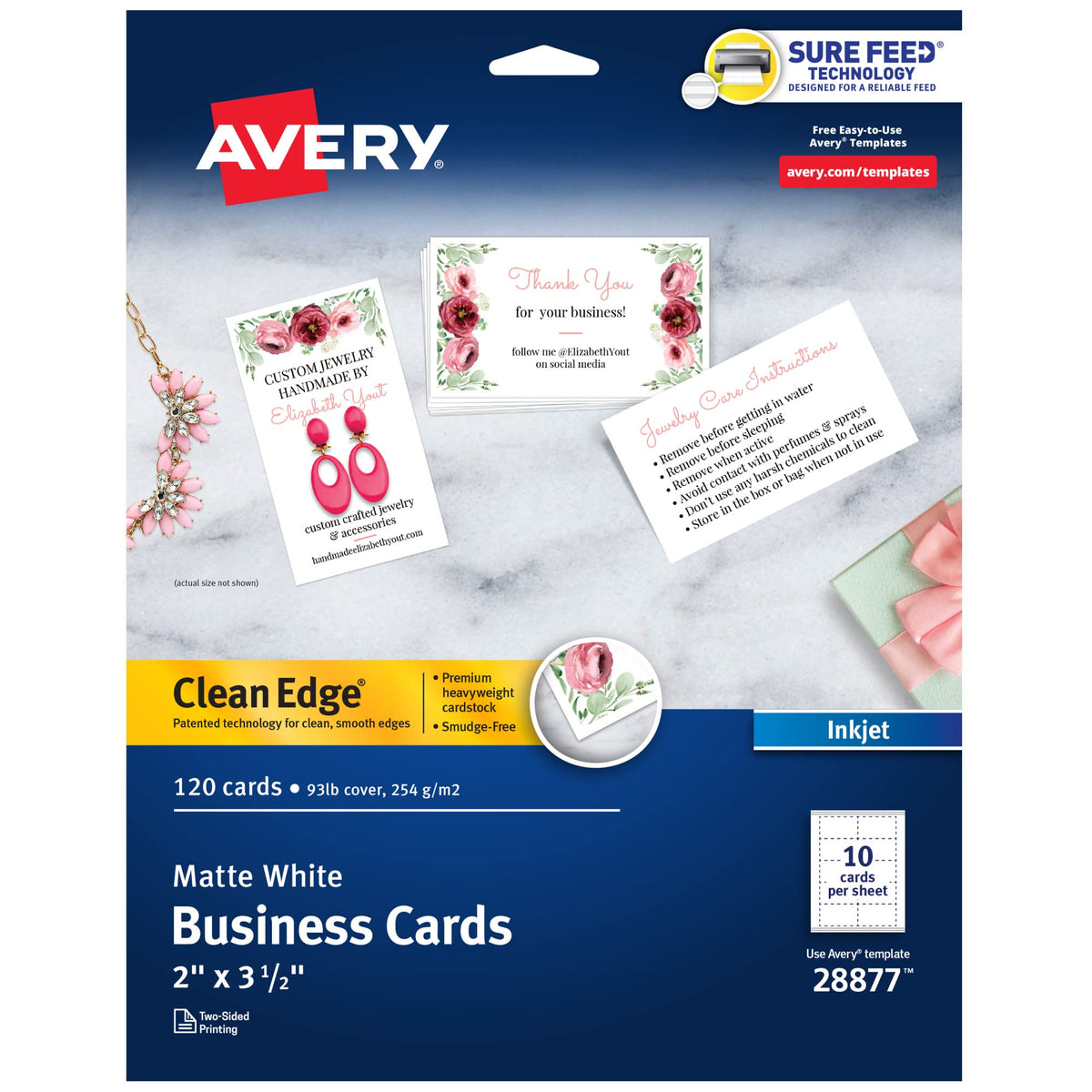 Avery® Clean Edge® Printable Business Cards, Sure Feed® Technology, 2" x 3.5", White, 120 Blank Cards for Inkjet Printers (28877)