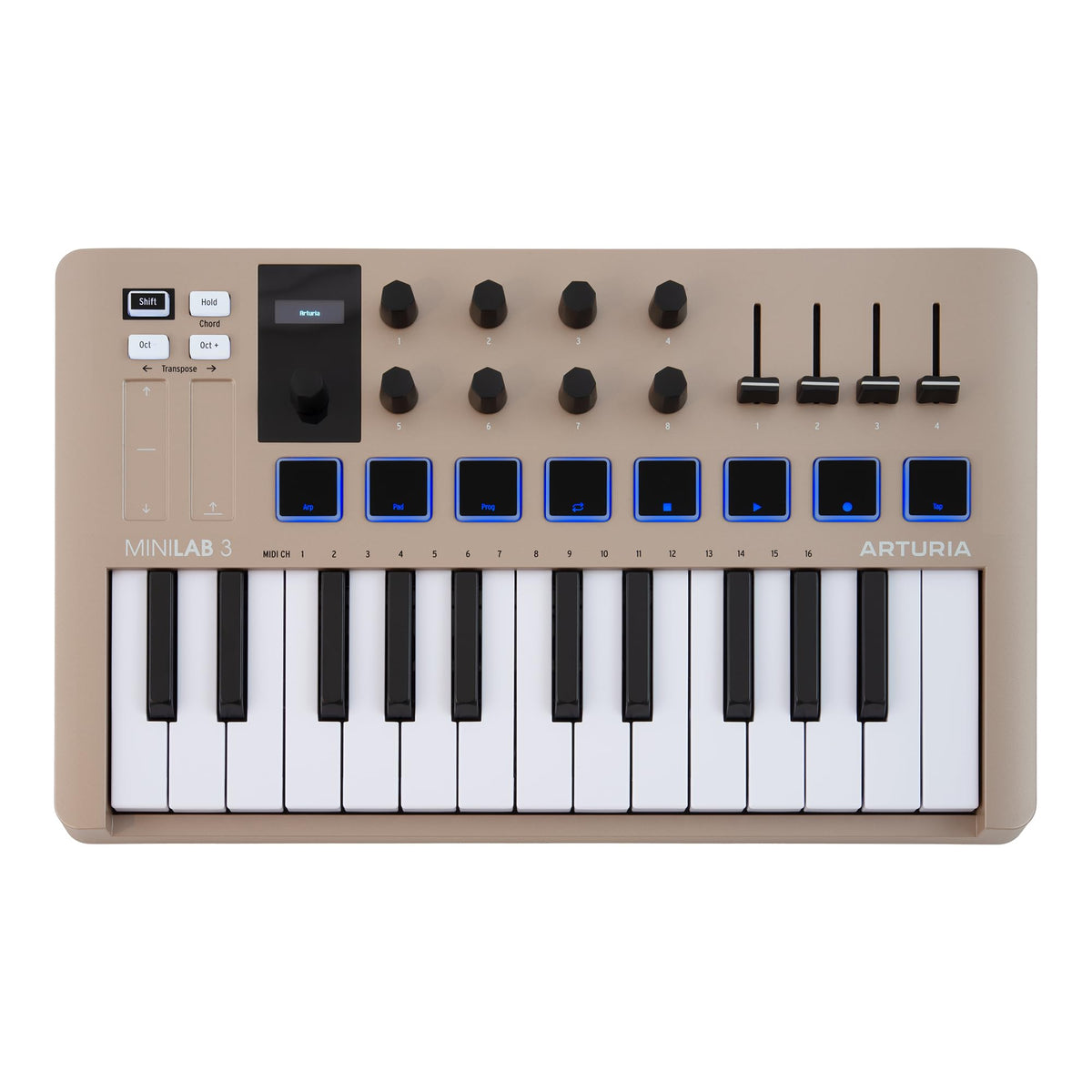 Arturia MiniLab 3 Champagne — 25 Key USB MIDI Keyboard Controller With 8 Multi-Color Drum Pads, 8 Knobs and Music Production Software Included