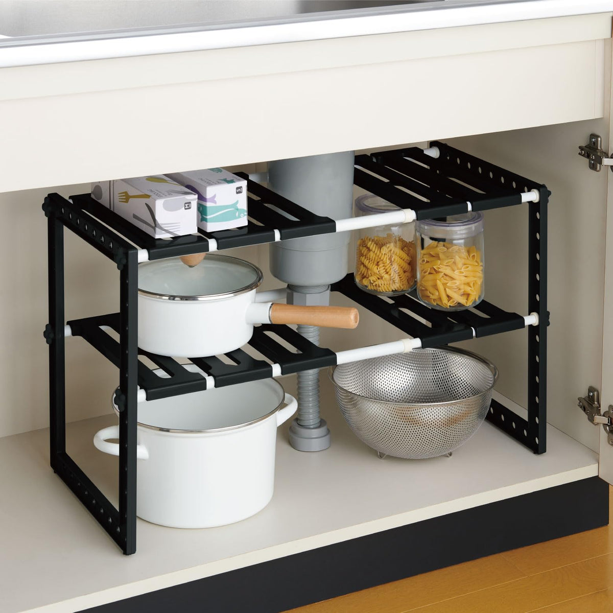 Belca VR-BK Kitchen Storage, Free Under Sink Rack, Extendable Type, Width 19.7-29.5 x Depth 11.9 x Height 15.7 inches (50-75 x 30.3 x 39.8 cm), Black, Slide, Under Sink Storage, 2 Tiers, Shelves