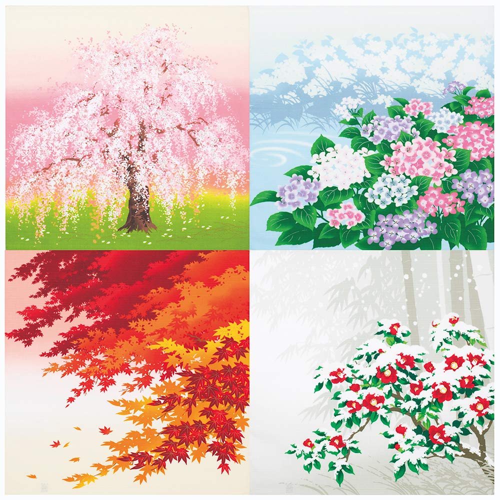 Yu-soku Furoshiki Wrapping Cloth 4 Seasons in Japan Flowers Set of 4 Spring Summer Fall Winter 19.68"x19.68"