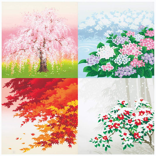 Yu-soku Furoshiki Wrapping Cloth 4 Seasons in Japan Flowers Set of 4 Spring Summer Fall Winter 19.68"x19.68"