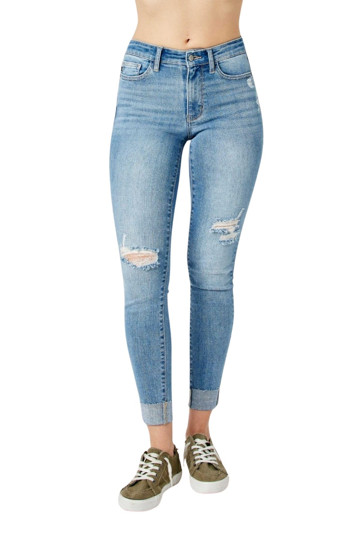 Judy Blue Women's Mid Rise Destroyed & Cuff Skinny Jeans (Medium Blue, 18W)