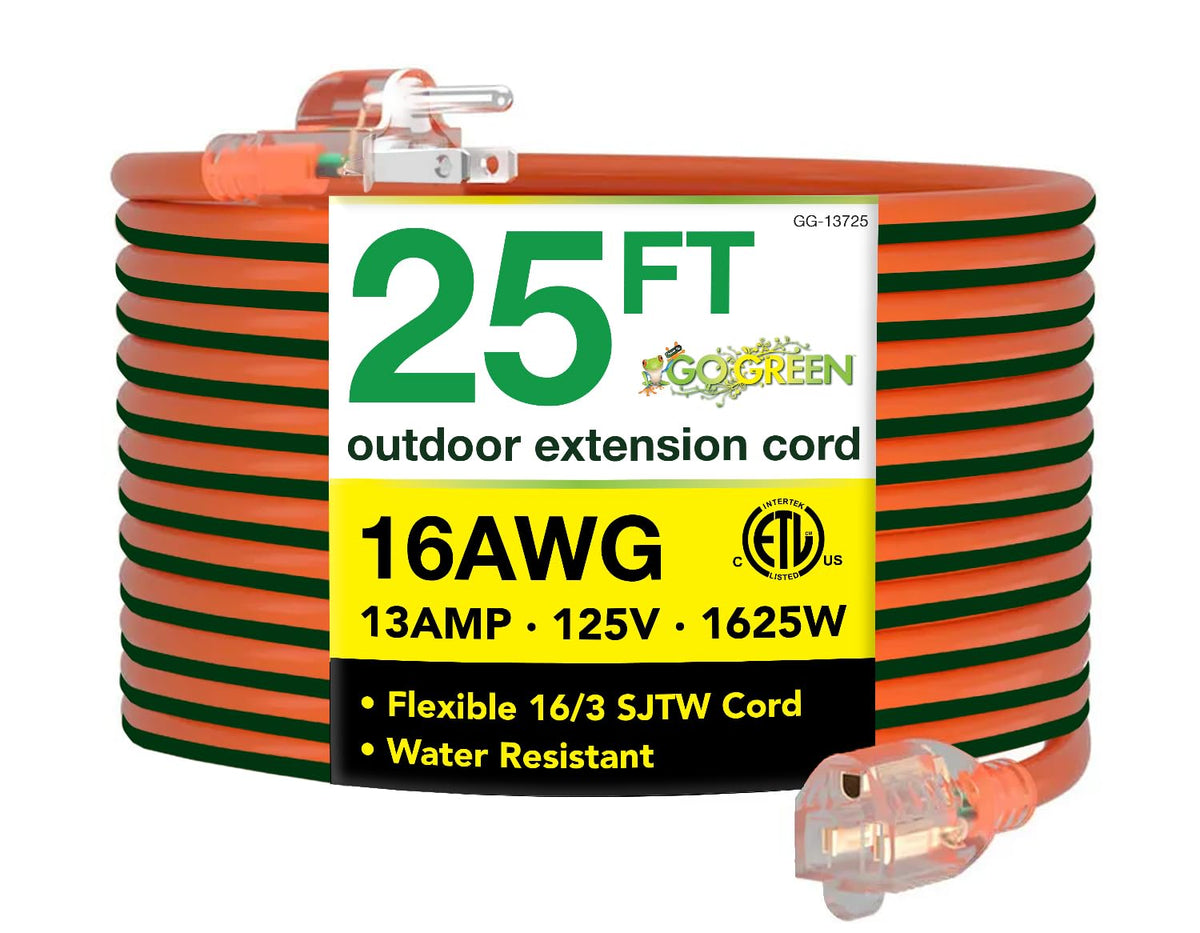 Go Green Power Inc. 16/3 25ft Outdoor Extension Cord with Lighted End - Contractor Grade, Durable, and Moisture Resistant - Ideal for Heavy Duty Tools - GG-13725