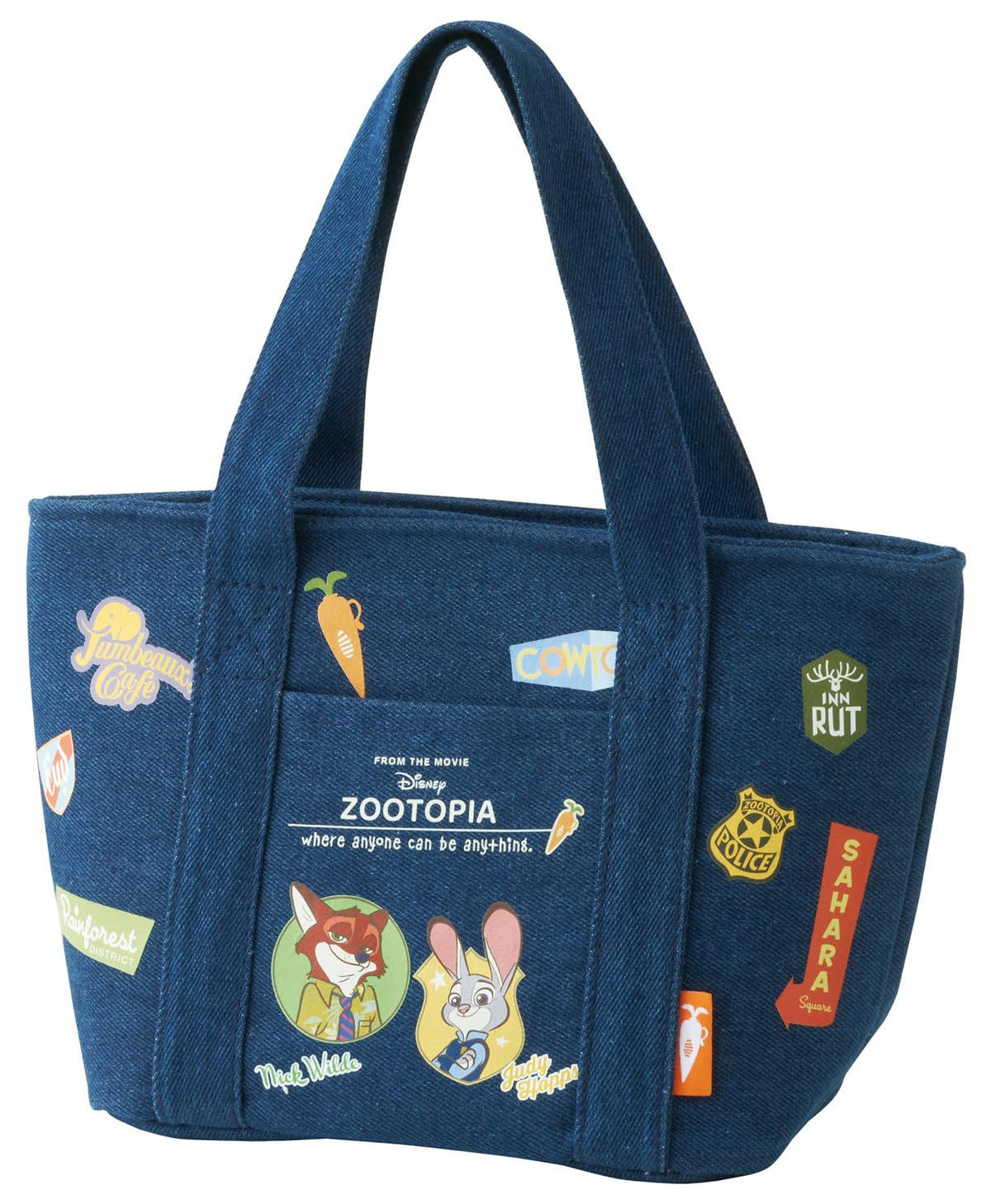 Skater KBCD6-A Insulated Lunch Bag, Denim Tote Bag, Disney, Zootopia, Vintage Patch