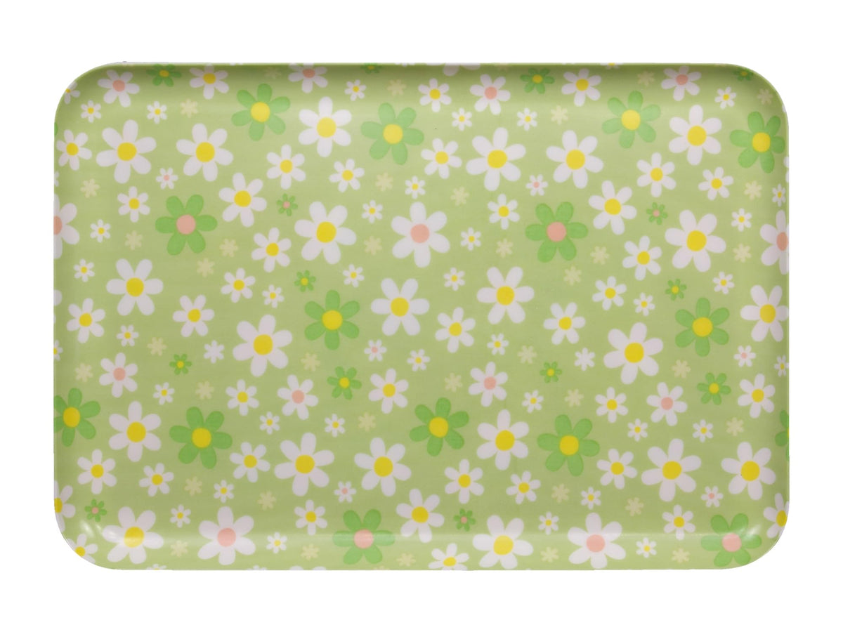 TATSU-Craft NR Non Slip Serving Tray Daisy Meadow, Green, Microwave Safe, Rectangular Plastic Tray, 15.3 x 10.6 Inches, Ideal for Cafeterias, Restaurants, Coffee Shops, Home, Snacks, Tea, and More