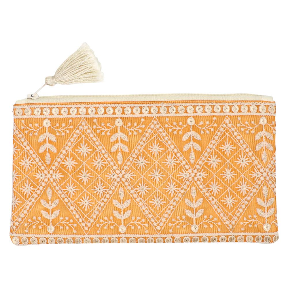Tomo Corporation Indian Embroidered Ribbon Elongated Pouch Beige Indian Embroidery Indian Ribbon 23x11cm 13124-000-451