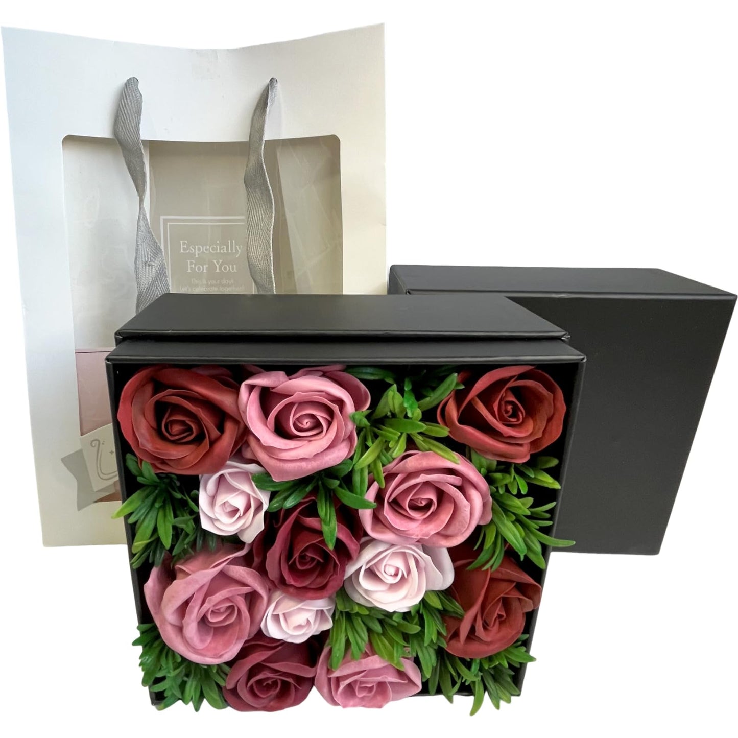 Q-FLA 840616 Soap Flower, Artificial Black Box Arrangement, Red Arrangement, Celebration, Thank You, Birthday